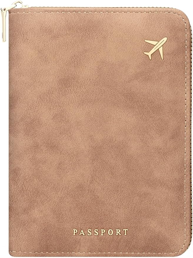defway Passport Holder Travel Wallet - RFID Passport Holder, Zip Closure Card Cover, PU Leather Travel Wallet, RFID Blocking Secure Document Organizer Travel Essentials (Light Brown)
