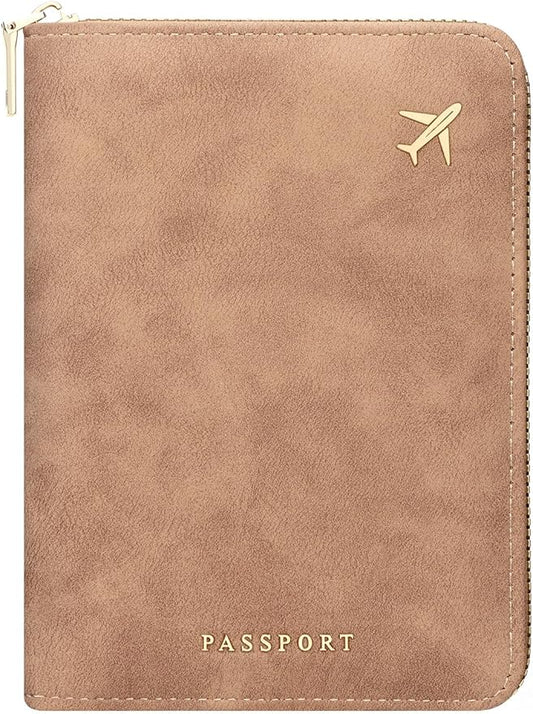 defway Passport Holder Travel Wallet - RFID Passport Holder, Zip Closure Card Cover, PU Leather Travel Wallet, RFID Blocking Secure Document Organizer Travel Essentials (Light Brown)