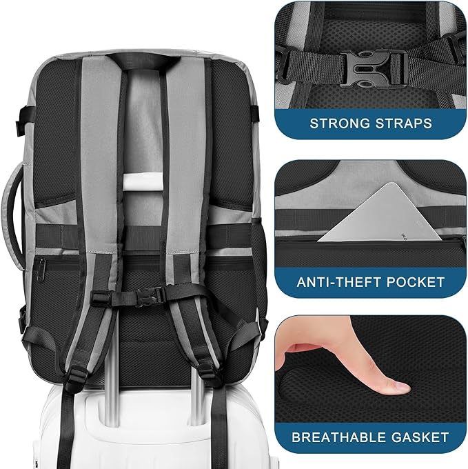 Large Travel Backpack, Laptop Backpack for women, Expandable 52L Carry On Backpack, Airline Approved Water Resistant Weekender 18.4 Inch Laptop Backpack, Business Computer Bag with USB Port, Grey