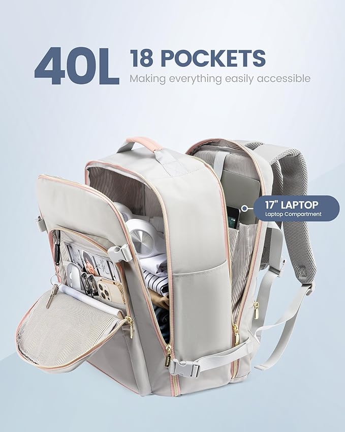 LOVEVOOK Travel Backpack for Women & Men 40L,Airline Approved Carry On Backpack Travel Essentials,TSA Carry on Luggage,Waterproof Personal Item Travel Bag,Suitcase with 3 Packing Cubes,Light gray-Pink