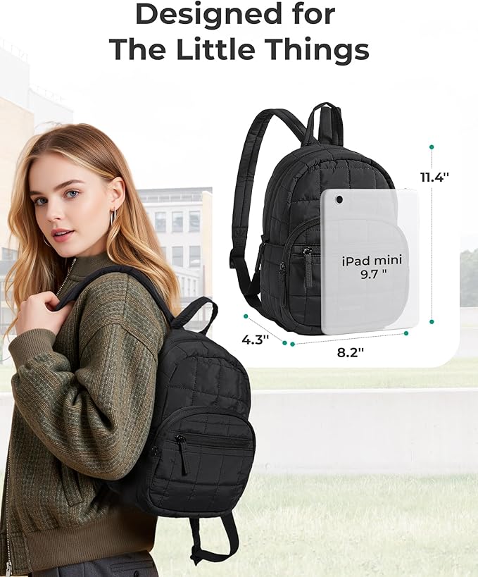 BAGSMART College Laptop Backpack, Travel Backpack for Women, Quilted Casual Daypack, Water-Resistant Bookbag, Mini-9.7 inch, Classic Black