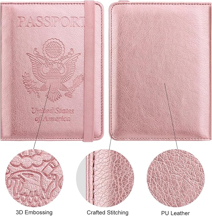 WALNEW Passport Holder for Travel, RFID Passport Cover Wallet for Women Men, PU Leather Passport Book Card Holder Case with Pen (Elastic Band Closure, A-Rosegold)