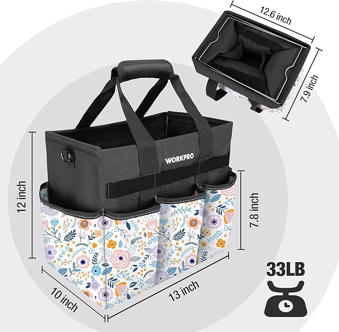 WORKPRO Garden Tool Bag, Heavy-Duty Gardening Tote Bag with 10 Pockets, Stand-Up Wide Mouth Tool Organizer, Adjustable Shoulder Strap, Large Capacity Storage – Floral White (Tools are not Included)