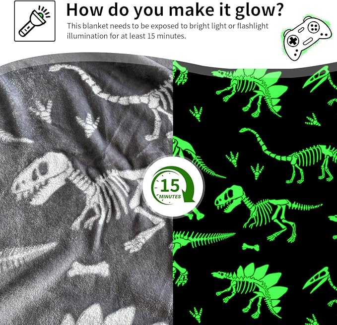 TEHALK Dinosaur Glow in The Dark Blanket for Boys/Girls/Toddler/Baby, Dinosaur Toys for Boy Age 3-12, Cute Funny Kids Throw Blanket for Birthday/Gifts 40"x 60"