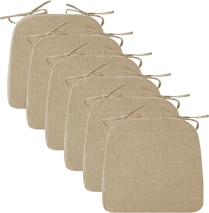 Chair Cushions for Dining Chairs, 2" Thick Seat Cushions for Kitchen Chairs, D-Shaped Chair Pads with Washable Cover, Ties and Non Slip Backing, 17'' x 16'', Set of 6, Khaki