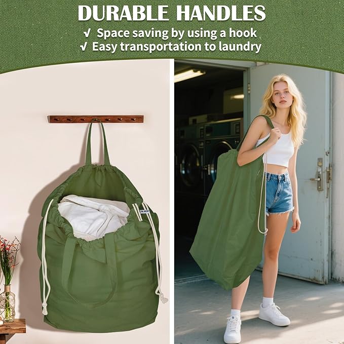 Canvas Laundry Bags with Handles & Rectangular Base, 20"Lx15"Wx27.6"H Extra Large Heavy Duty Laundry Basket Hamper Liner Replacement, Washable Cotton Drawstring Dirty Clothes Bag (Army Green)