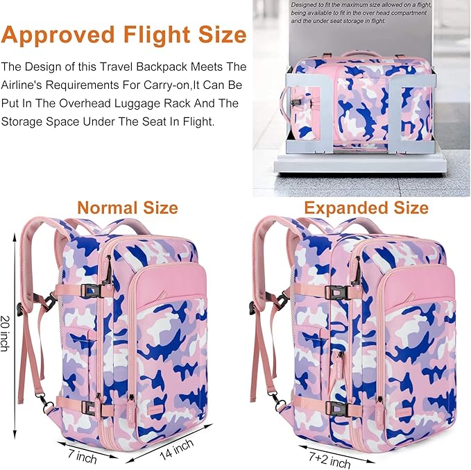 Lumesner Carry on Travel Backpacks, Extra Large 40L Flight Approved for Men & Women,Expandable Suitcase backpack (Camouflage Pink(Backpack With 4 Packing Cubes))