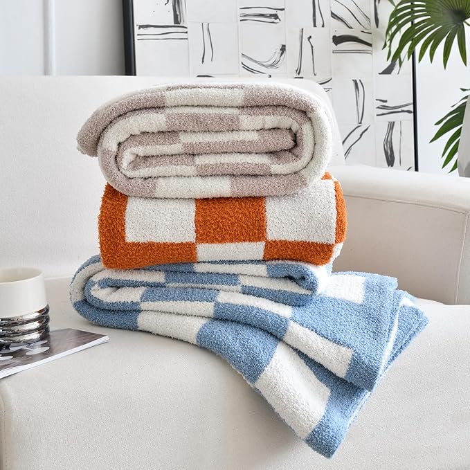 Checkered Blanket, Cozy Soft Throw Blankets for Couch Bed, Fluffy Plaid Lightweight Comfy Travel Picnic Blanket Gifts for Sofa Chair Living Room Camping (Blue, Throw 50"x60")