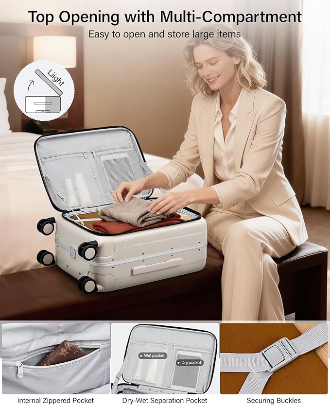 Hanke 26 Inch Large Luggage Suitcase Top Opening Aluminum Frame Travel Luggage Hard Shell Suitcases with Wheels for Woman Men.(Ivory white)