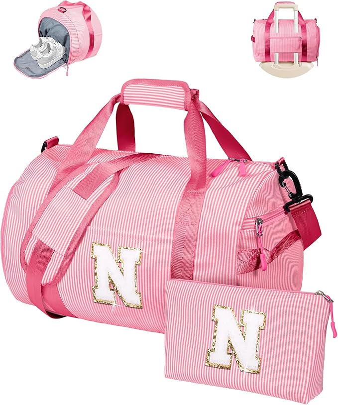 6 Year Old Girl Birthday Gifts, Girls Travel Duffle Bag, Kids Initial Overnight Bags with Shoe Compartment, Personalized Weekend Bag with Makeup Pouch, Graduation Gifts for Her (Letter N)