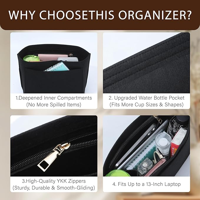 Premium Felt Purse Organizer Insert for Longchamp Le Pliage, Zipper Long Champ Bag Organizer Insert with Cup Holder, 8 Compartments