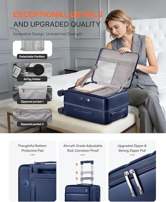 20IN Carry On Luggage,Top Opening Aluminum Frame Hardside 100% PC Airline Approved Suitcase -with TSA Lock,Cup Holder,USB Charge,Side Pothook, 360°Spinner Wheels-Navy Blue