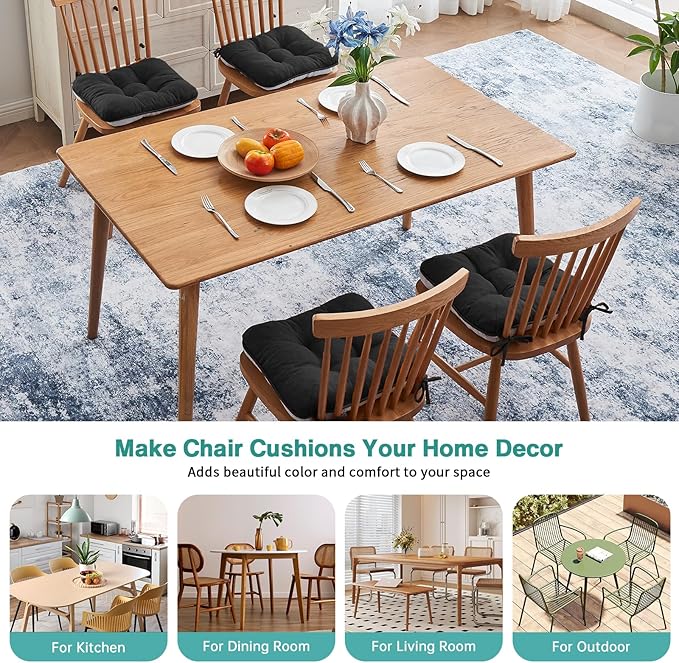 BETU Black Chair Cushions for Dining Chairs Set of 4,3.5" Thick Kitchen Table Chair Pads with Ties,Non Slip Backing and Covers,Seat Cushion for Dining Room,Bar,Patio Chairs,16"X16"X3.5",Black