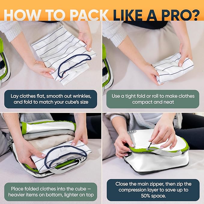 Large Compression Packing Cubes for Travel-Packing Cube Luggage Organizers 7 Piece Set for Checked Luggage-Ultralight, Expandable/Compression Bags by TRIPPED Travel Gear (White/Green)