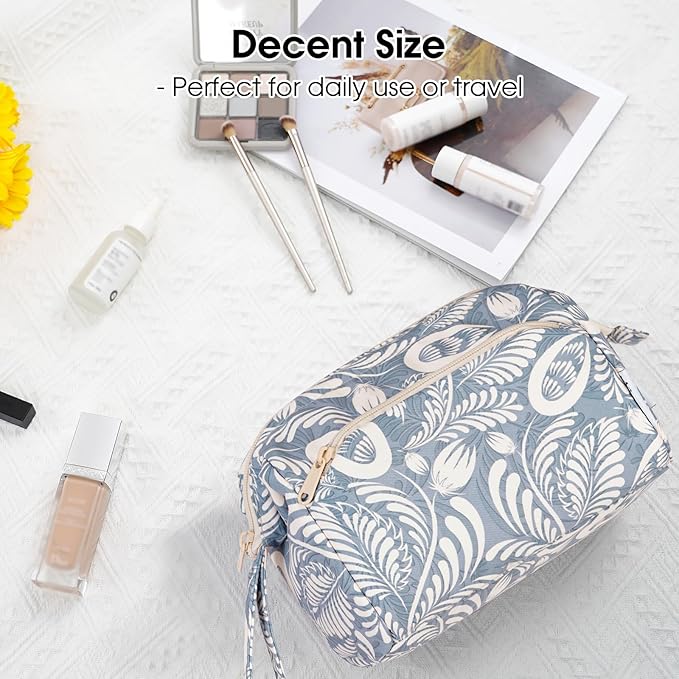 Narwey Women Makeup Bag Wide-open Make up Bag Travel Cosmetic Organizer Toiletry Bag for Cosmetics Toiletries Accessories (Blue Leaf)
