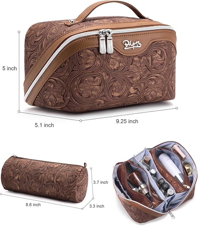 BOYATU Travel Makeup Bags Cosmetic Organizer Bag: 3 Pcs Set Large Capacity Floral Make up Bag with Compartments - Waterproof Leather Toiletry Bags with Handle for Women (19-Brown)