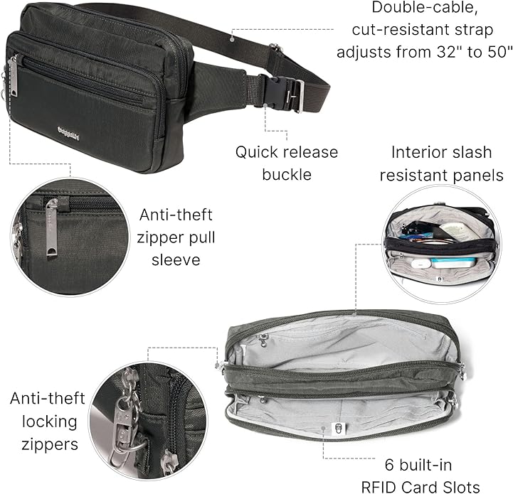 Baggallini Securtex Anti-theft Belt Bag 8.8"x5.5" Crossbody Fanny Pack for Women RFID Wallet Locking Zipper Travel Purse