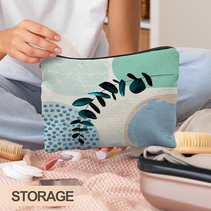 Abstract Boho Blue and Green Makeup Bag, Trendy Botanical Cosmetic Bags for Women, Boho Gifts for Women, Eucalyptus Leaf Botanical Zipper Makeup Pouch