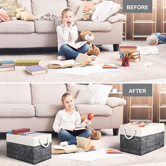 Fab totes Storage Bins [3-Pack], Foldable Storage Baskets for Organizing Toys, Books, Shelves, Closet, Large Storage Box with Rope Handles, Sturdy Organizer Bins, White & Black