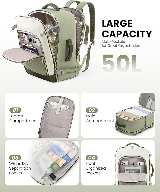 LOVEVOOK Large Travel Backpack for Women, TSA Carry on Backpack for Airplanes, 50L Personal Item Travel Bag for Women fits 17" Laptop,Waterproof Carry on Bag Airplane Approved with 3 Packing Cubes