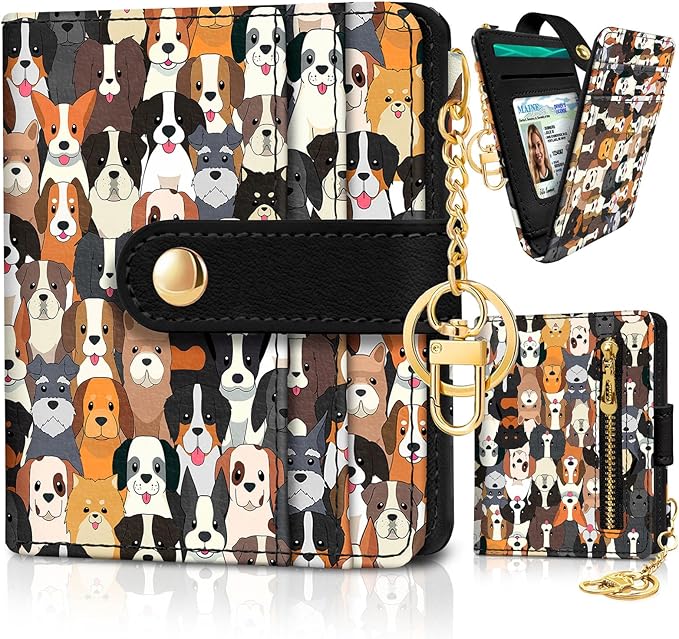 Jogjam Dogs Rfid Women Wallet, Small Slim Thin Credit Card Wallet, PU Leather Bifold Cash Zipper Coin Pocket ID Window for Female Ladies Teen Girls Girly