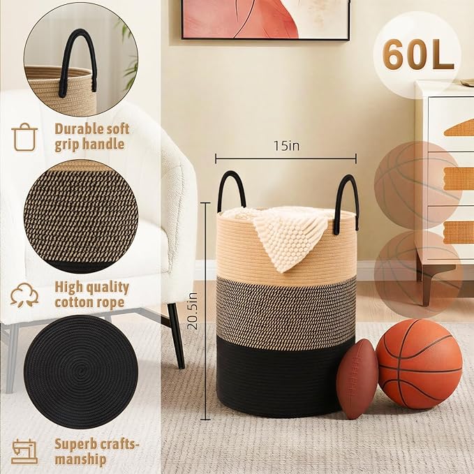 Laundry Basket,Woven Cotton Rope Laundry Hamper,60L for Decorative Storage of Dirty Clothes,Toys and Blankets in Bathroom,Bedroom and Living Room