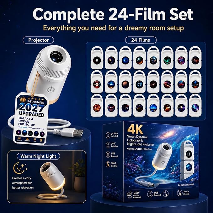 2027 Upgraded Hd Smart Dynamic 5d Holographic Night Light Projector, Plug and Play Hd Star Projector, 360° Adjustable Hd Galaxy and Ocean Projector for Bedroom Ceiling (24 Projection Films)