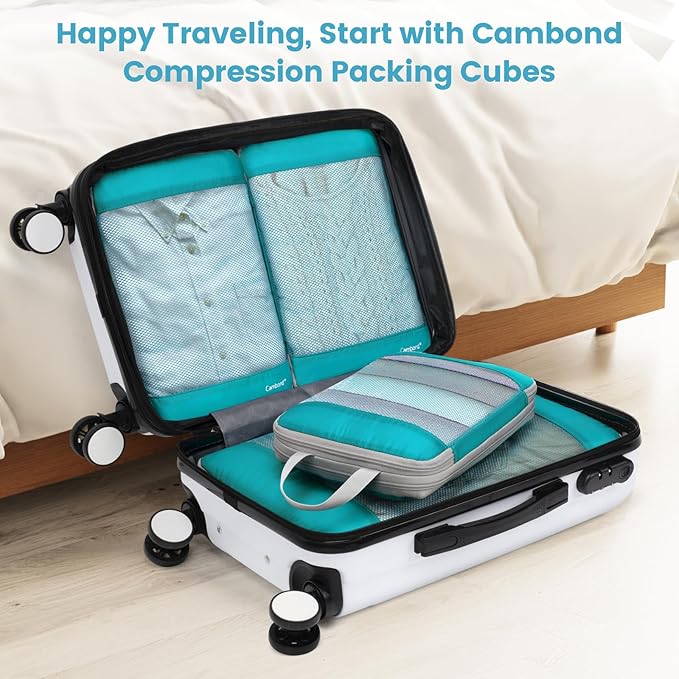 Cambond See Through Mesh Compression Packing Cubes - 4 Piece Expandable Space Saving Packing Cubes for Travel, Lightweight Travel Bags Luggage Packing Organizer Essentials for Suitcases, Lake Blue