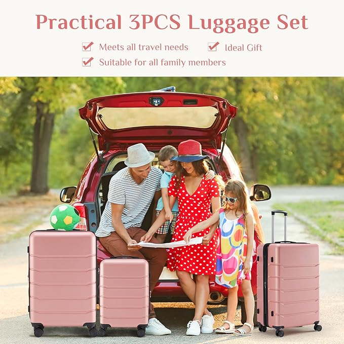 OLIXIS 3-Piece Suitcase Set, Hardside Luggages with Spinner Wheels, Lightweight ABS Hard Shell Travel Luggage, Expandable Carry-On Suitcase with TSA Approved Lock –Pink(20+24+28 Inch)