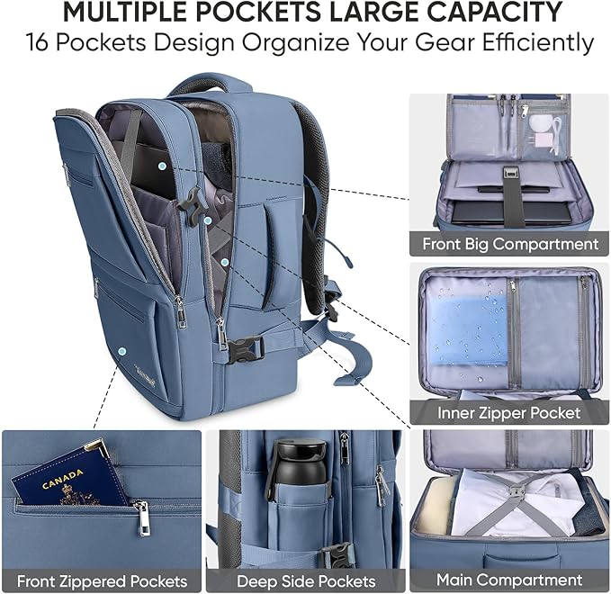 BALEINE Travel Backpack for Women Men, Large Sturdy Carry On Laptop Backpack Gifts for Business, Casual, Weekender, Hiking (Large, Dusty Blue)