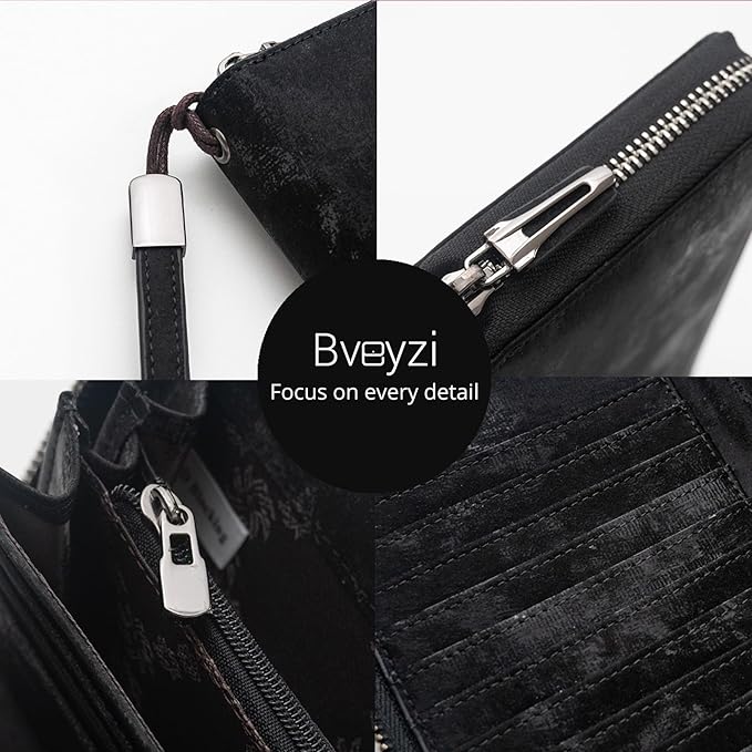 Bveyzi Women RFID Blocking Wallet Leather Zip Around Phone Clutch Large Capacity Ladies Travel Purse Wristlet | RFID Blocking, Zip Around, Large Capacity