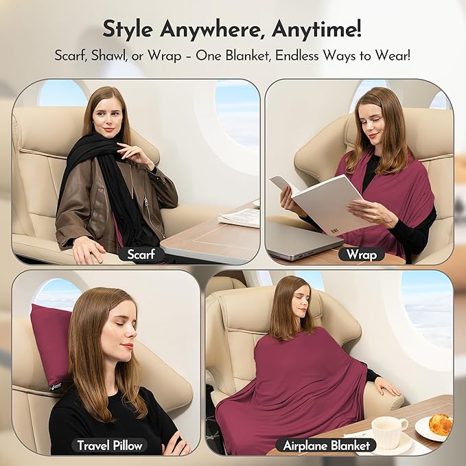 16-in-1 Compact Travel Blanket with Bag – Reversible, Ultra Soft Bamboo Airplane Blanket with Hidden Pocket – Packable for Flights & Travel Essentials (Semi-Weighted, Double Layer)
