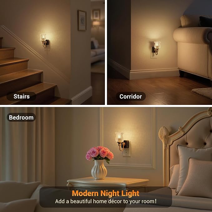 JandCase Night Light, Glass Night Lights Plug into Wall Dimmable | Floral LED Nightlight, 0-100LM Flower Nightlights, Dusk to Dawn Sensor, 1W Vintage Nite Light for Bathroom Hallway Gift Decor