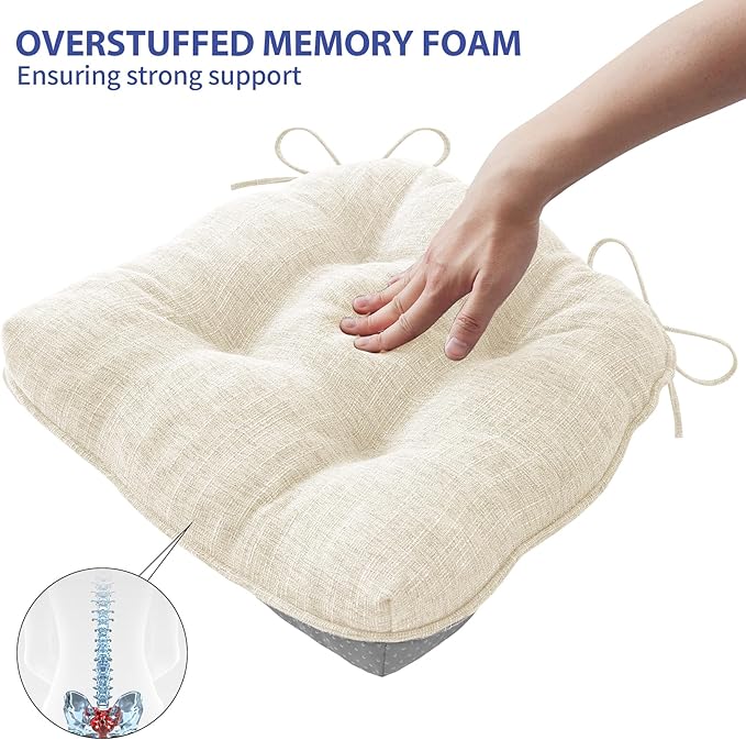 Chair Cushions for Dining Chairs Set of 4, Kitchen Chair Cushions, Chair Pads with Ties and Non Slip Backing, Tufted Memory Foam Seat Cushion 4 Pack, 15.5" x 15.5" x 4", Cream