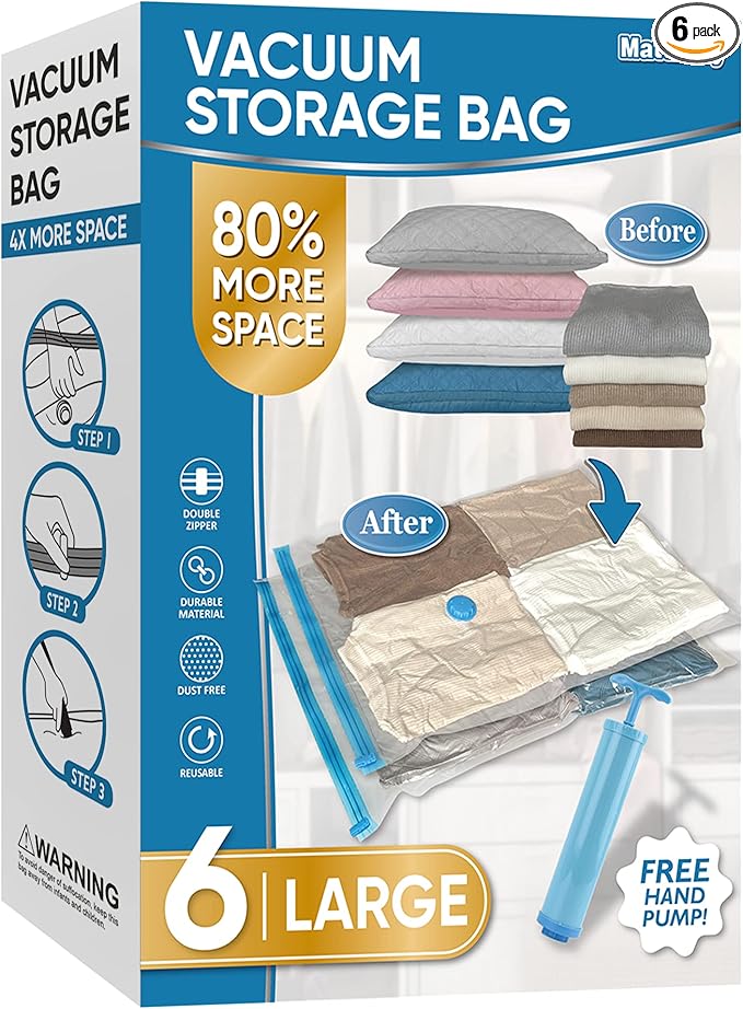 MattEasy Space Saver Vacuum Storage Bags, 6 Pack Large Space Saver Bags with Pump, Storage Vacuum Sealed Bags for Clothes, Comforters, Blankets, Bedding (Large)