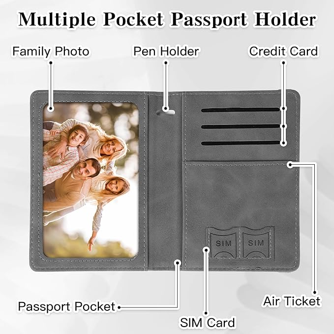 Passport Holder for Travel, RFID Blocking Passport Cover with Pen Holder Leather Passport Wallet Case Travel Must Haves Accessories Passport Book Card Holder for Family Travel Essentials Gifts, Gray