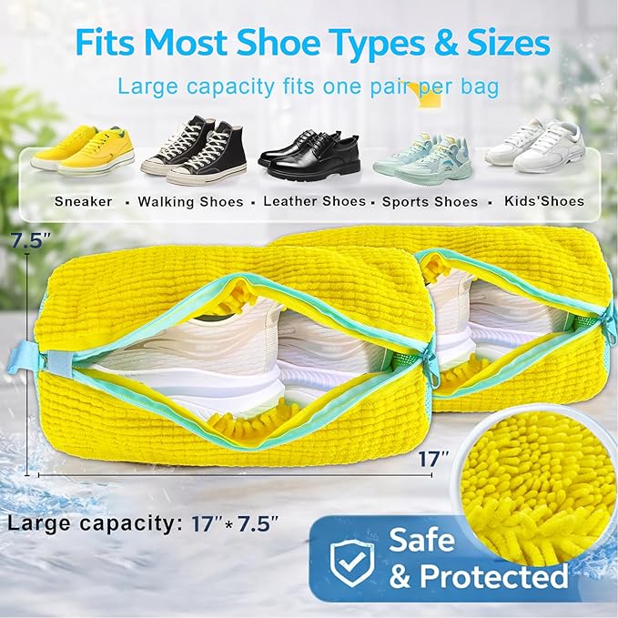 Shoe Washing Machine Bags, 2-Pack – 360° Deep Cleaning, Protects Shoes & Washer, Self-Locking Zipper Design, Reusable Laundry Bags for Washing Two Pairs at Once (Yellow)
