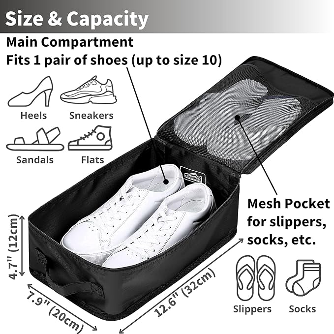 tianzong Travel Shoe Bag with Handle Holds 2 Pairs of Shoes, Shoe Packing Cubes for Travel (Black, 2 Pack)