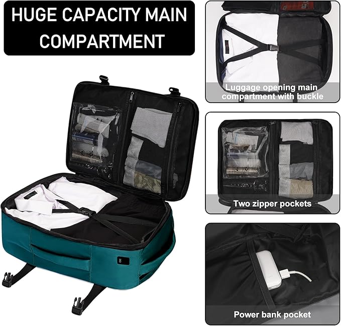 ECOHUB Travel Backpack 18x14x8 Spirit Airlines Personal Item Bag Carry On Backpack 13 Pockets Large Work Casual Daypack for men Airline Approved Waterproof Gym Backpack with Charging Port, Blue Green