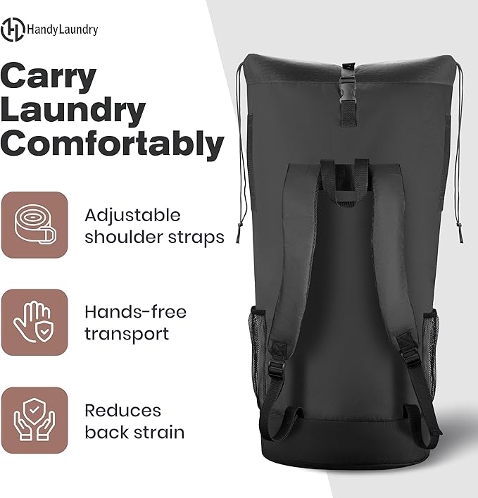 Laundry Backpack - XL Heavy Duty Laundry Bag Holds 3-4 Loads - Adjustable Straps, Drawstring Closure, Pockets & Handles - Durable Hamper for College, Travel & Laundromat - Black