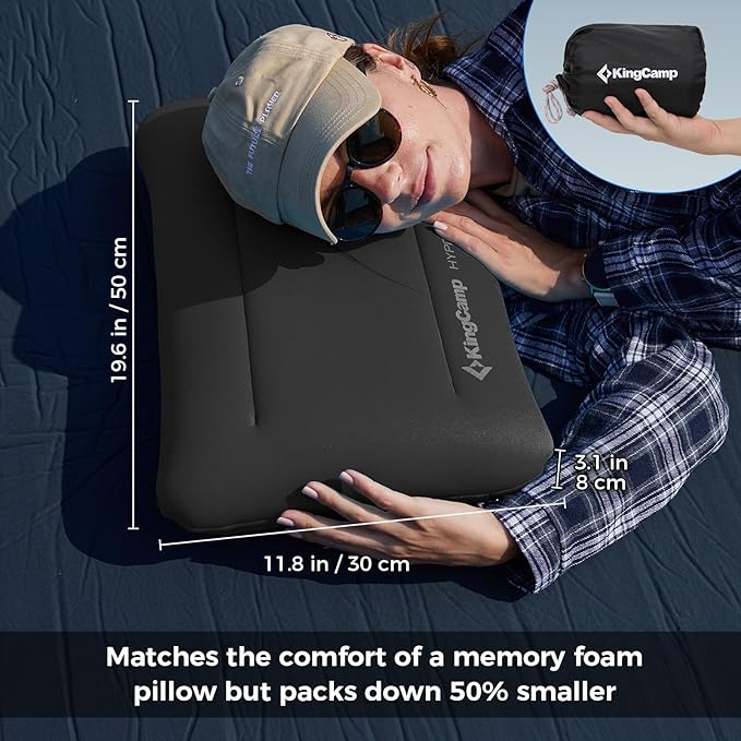 KingCamp Inflatable Pillow for Camping, Large(19.7" x 11.8") Camping Pillow, Ultra-Soft Camp Pillow with Washable Foam Cover for Home-Like Comfort, Hiking, Car, Beach, Travel