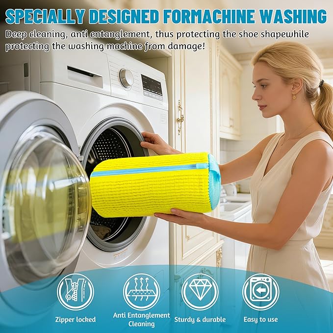 Set of 2 Reusable Shoe Laundry Bags, 360° Deep Clean, Noise-Reducing Sneaker Washing Bags for Machine Wash, Protect Shoes & Washer Drum, Anti-Skid Zipper, Durable Chenille Interior
