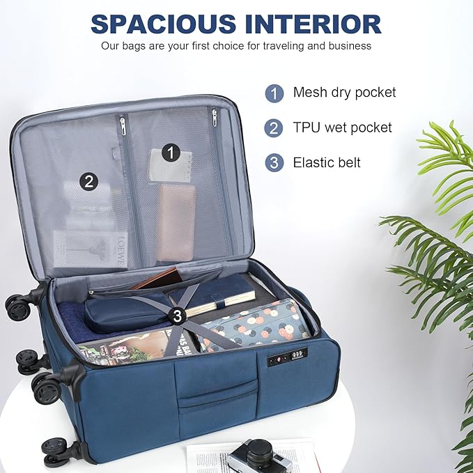 KROSER Softside Expandable checked Luggage with Front Business Pockets，24 Inch Suitcases with Spinner Wheels & Built-in TSA Lock, Durable Suitcase Rolling Luggage, Haze Blue