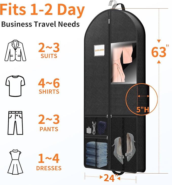 Suit Garment Clothes Travel Bag: 63 inch Lightweight Foldable Black Short Fabric Breathable - Hanging Storage Cover Pockets Zipper for Women - Wardrobe Carry Coat Jacket Uniform Tuxedo Shirt