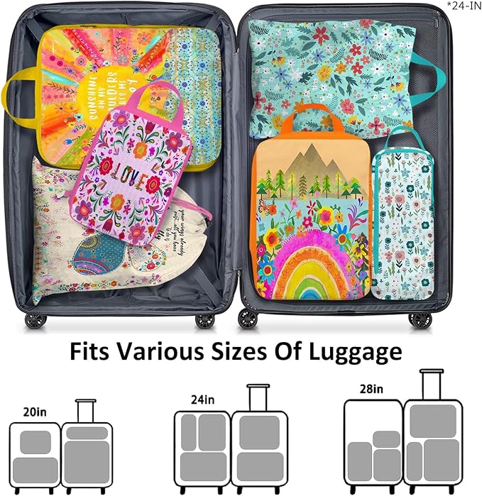 6 Set Packing Cubes Compression Bags for Travel, Floral Packing Organizers for Luggage with Shoe Bags for Packing In Suitcase, Colorful Compression Bags for Storage Trip and Family Vacation