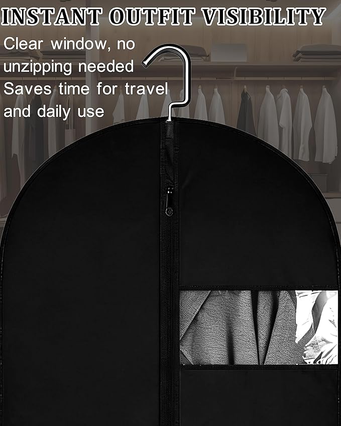 55-Inch Garment Bags for Hanging Clothes, Clear Window Dust-Proof Suit Bags for Suits Coats Dresses - Closet Storage & Travel Garment Covers (Black)