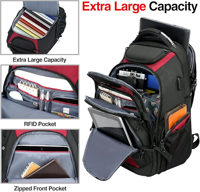 KROSER Travel Laptop Backpack 18.4 Inch XXXL Gaming Backpack with Hard Shell Saferoom RFID Pockets Water-Repellent Business College Daypack Stylish Laptop Bag for Men/Women-Black Red