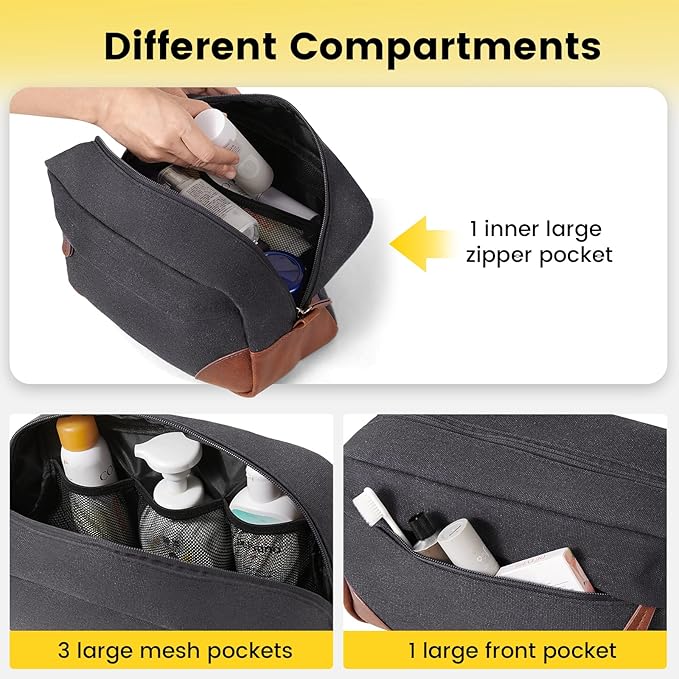 Vorspack Large Travel Toiletry Bag - Hanging Toiletry Bag for Men Water Resistant Canvas Shaving Bag with Large Capacity for Home Travel - Dark Grey