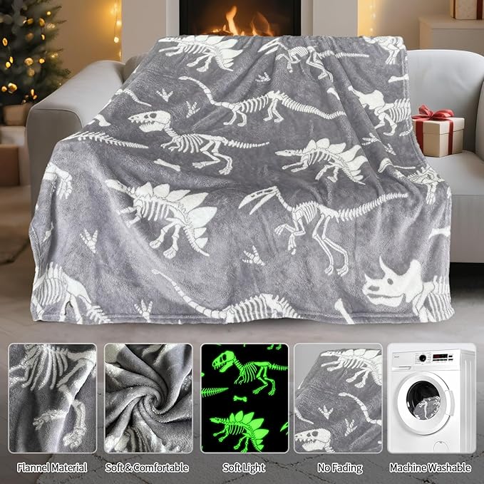 TEHALK Dinosaur Glow in The Dark Blanket for Boys/Girls/Toddler/Baby, Dinosaur Toys for Boy Age 3-12, Cute Funny Kids Throw Blanket for Birthday/Gifts 50"x 60"