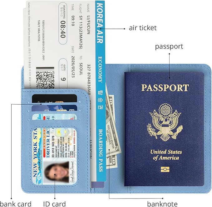 Passport Holder for Travel Essentials,RFID Blocking Passport Cover Wallet Card Case for Women and Men (Blue)